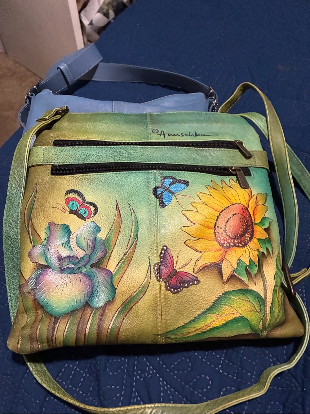 Anuschka Green Hand-Painted Floral Crossbody with Sunflower Motif - Picture 3 of 4